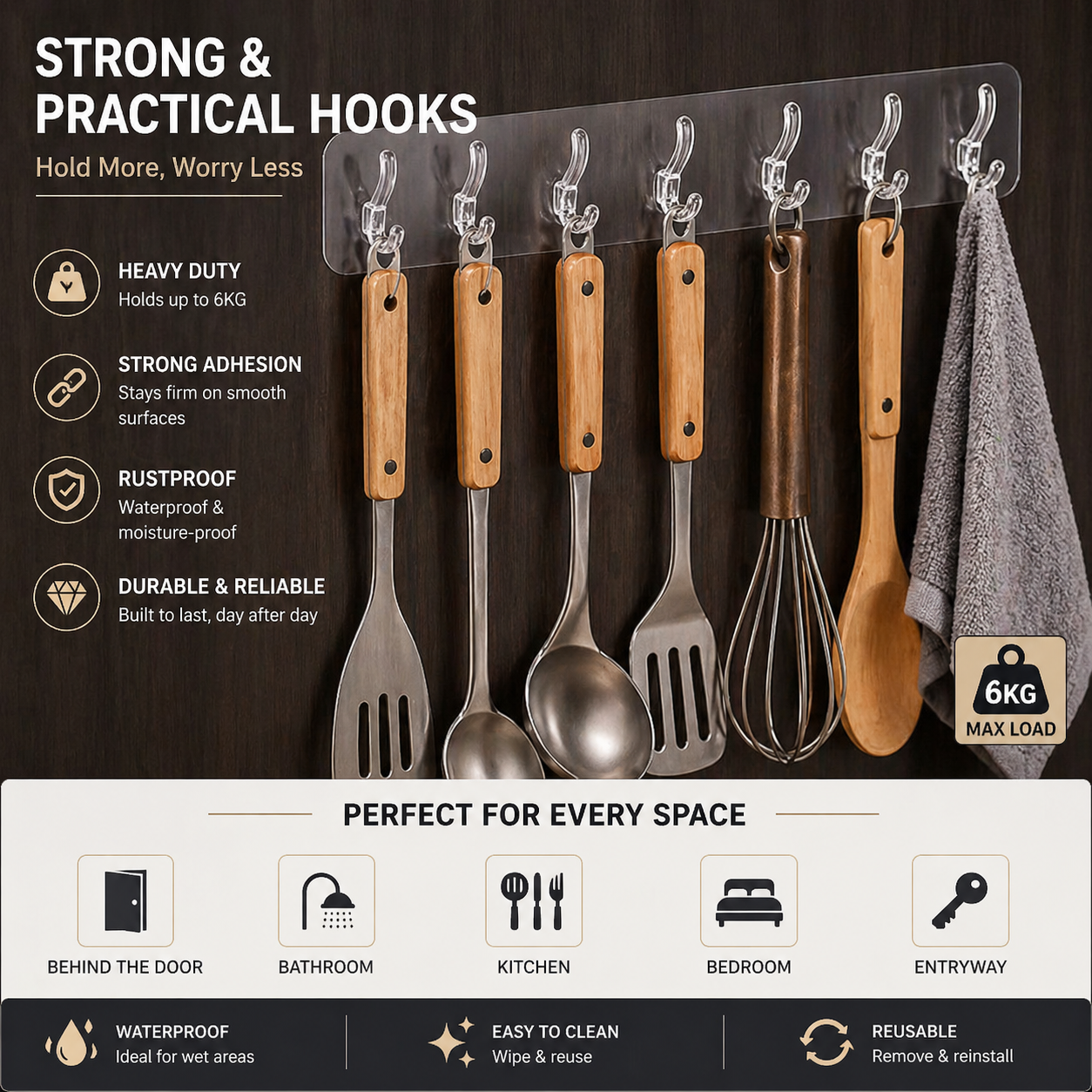 (Pack Of 3) 6 In 1 Self Adhesive Wall Hooks.