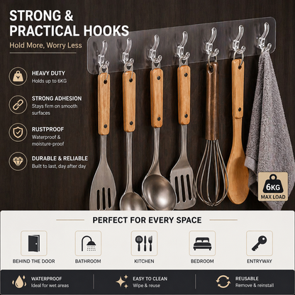 (Pack Of 3) 6 In 1 Self Adhesive Wall Hooks.